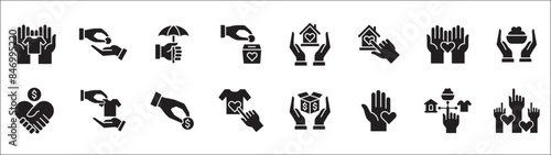 Donation and charity icon set. Clothe, home and food donation icons set. Fund donate sign. Volunteer symbol. Vector stock icons collection in thin line style design.