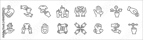 Donation and charity icon set. Fund donate sign. Clothe, home and food donation icons set. Volunteer symbol. Vector stock icons collection in thin line style design.