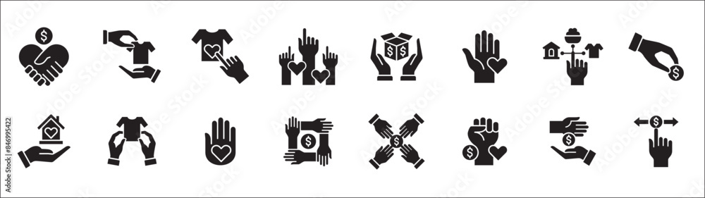 Donation and charity icon set. Clothe, home and food donation icons set. Fund donate sign. Volunteer symbol. Vector stock icons collection in thin line style design. Donation and charity icon set. Clothe, home and food donation icons set. Fund donate sign. Volunteer symbol. Vector stock icons collection in thin line style design.
