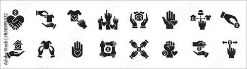 Donation and charity icon set. Clothe, home and food donation icons set. Fund donate sign. Volunteer symbol. Vector stock icons collection in thin line style design.