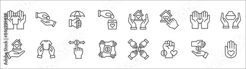 Donation and charity icon set. Fund donate sign. Clothe, home and food donation icons set. Volunteer symbol. Vector stock icons collection in thin line style design.
