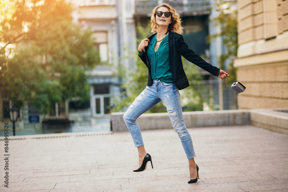 attractive woman in street style fashion