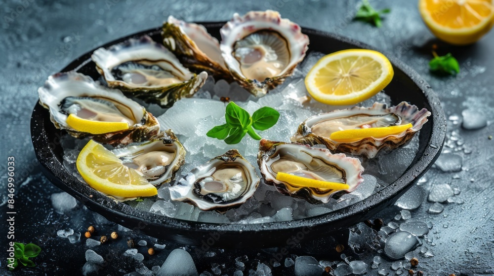 A black plate with oysters and lemon slices on top of ice