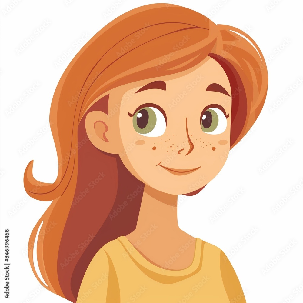 Cute Cartoon Girl with Red Hair and Freckles.