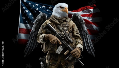 Patriotic Military Eagle with Weapon and American Flag