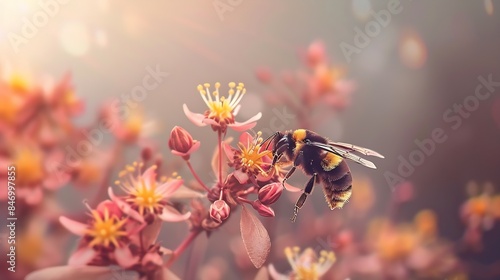 Bumblebee on a flower macro Bumblebee collects flower nectar : Generative AI