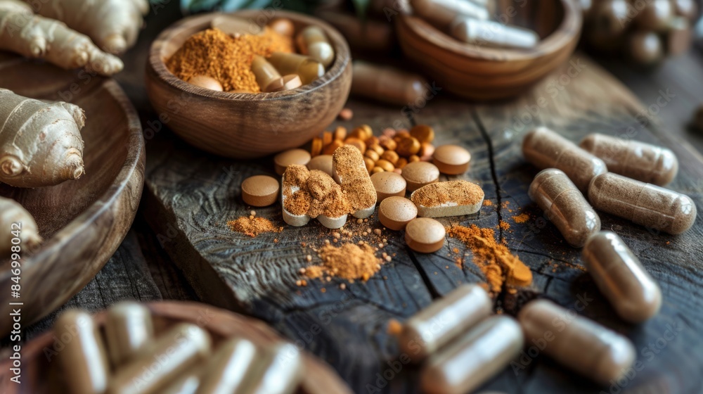 Close-up view of various natural supplements, including capsules and tablets, alongside ginger root on a wooden surface. Close-up view of various natural supplements, including capsules and tablets, alongside ginger root on a wooden surface.