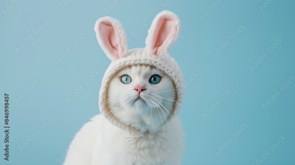 Fototapeta premium Portrait of cute white cat in hat with bunny ears on blue background : Generative AI