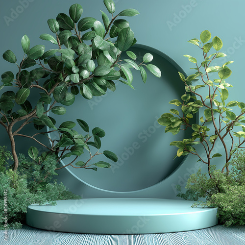 3d background products display podium scene with green leaf geometric platform