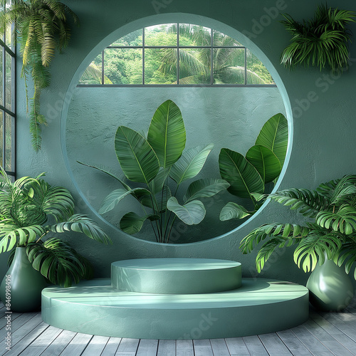3d background products display podium scene with green leaf geometric platform
