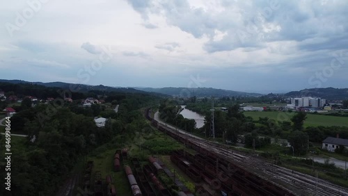 Drone shot of train station and freight yard of Doboj, Bosnia