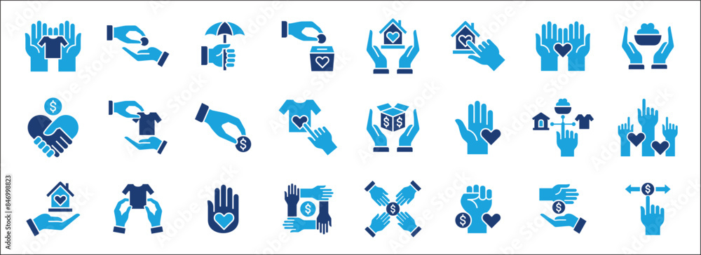 Donation and charity icon set. Fund donate sign. Clothe, home and food donation icons set. Volunteer symbol. Vector stock icons collection in flat solid two colors style design. Donation and charity icon set. Fund donate sign. Clothe, home and food donation icons set. Volunteer symbol. Vector stock icons collection in flat solid two colors style design.
