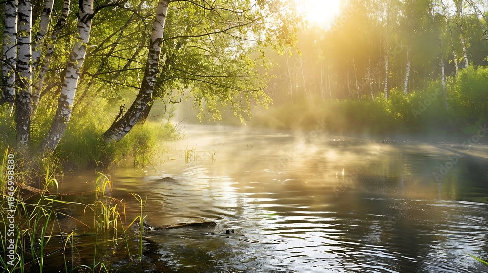 Spring in all its glory Beautiful river with forest banks and birch trees in fresh foliage Fog crawls over water as band brilliant haze in sunlight reflection in calm water game fish : Generative AI Spring in all its glory Beautiful river with forest banks and birch trees in fresh foliage Fog crawls over water as band brilliant haze in sunlight reflection in calm water game fish : Generative AI