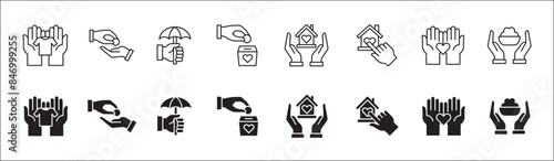 Donation and charity icon set. Clothe, home and food donation icons set. Fund donate sign. Volunteer symbol. Vector stock icons collection in thin line style design.