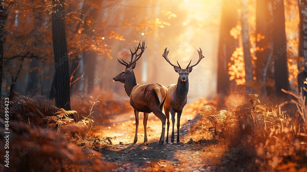 Deer on a forest path during sunrise in early autumn : Generative AI Deer on a forest path during sunrise in early autumn : Generative AI