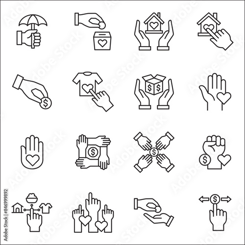 Donation and charity icon set. Clothe, home and food donation icons set. Fund donate sign. Volunteer symbol. Vector stock icons collection in thin line style design.
