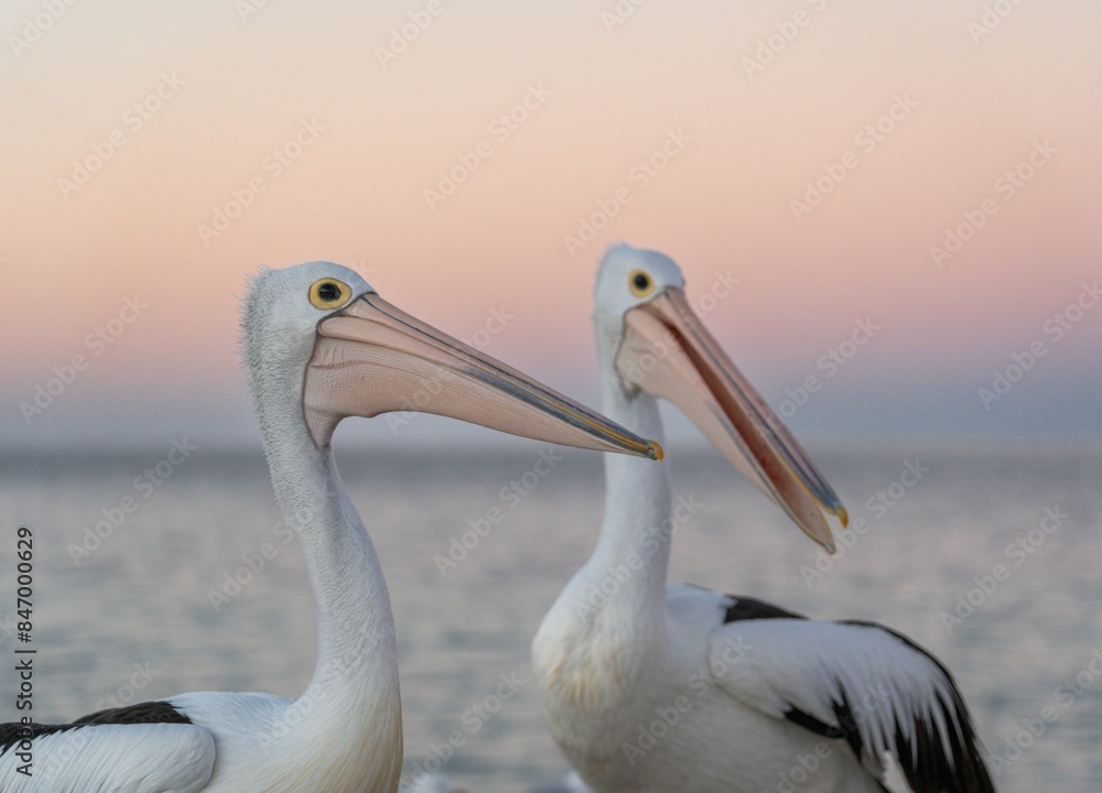 Pelicans with a serene ocean and pastel sunset background Pelicans with a serene ocean and pastel sunset background