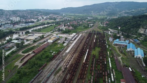 Drone shot of train station and freight yard of Doboj, Bosnia