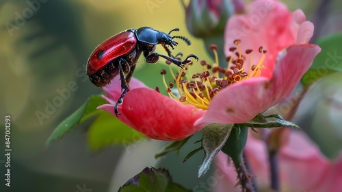 a garden beetle Anthriscus sylvestris being fed on a dog rose Rosa canina : Generative AI photo