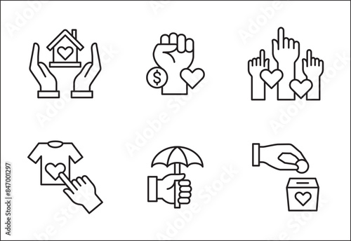 Donation and charity icon set. Clothe, home and food donation icons set. Fund donate sign. Volunteer symbol. Vector stock icons collection in thin line style design.