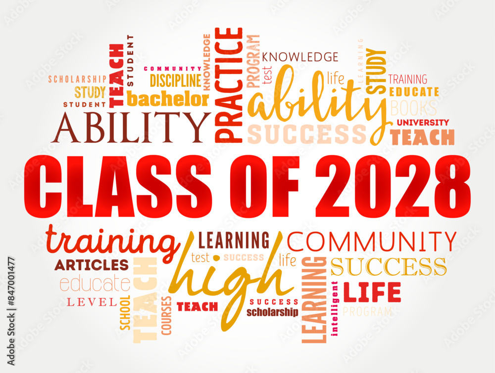 Class of 2028 - the group of students who graduated from high school or college in the year 2028, word cloud concept background Class of 2028 - the group of students who graduated from high school or college in the year 2028, word cloud concept background