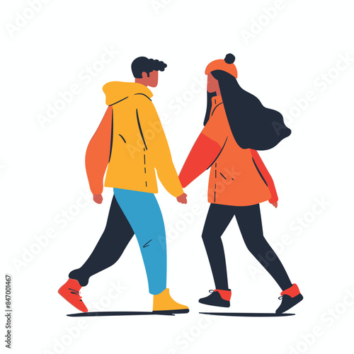 Young couple walking together holding hands, trendy winter clothing, modern flat design. Man yellow jacket, woman orange coat, both wearing beanies sneakers, casual urban winter wear. Stylish pair