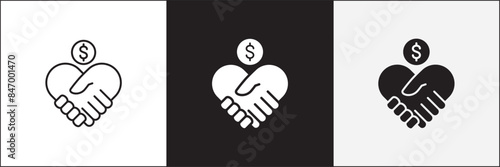 Donation icon. Charity icons. Money donate icon. Funding and philanthropy symbol. Give money sign. Vector stock icons collection in thin line and flat colors style design.