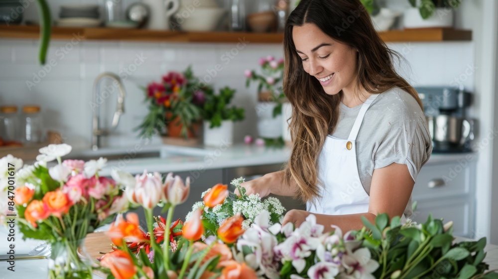 A woman in a white apron is arranging a bouquet of colorful flowers in a kitchen. A woman in a white apron is arranging a bouquet of colorful flowers in a kitchen.