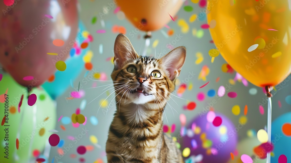 Funny portrait of a happy smiling bengal cat on a festive background with balloons and confetti Festive background with a cat for birthday or new year : Generative AI Funny portrait of a happy smiling bengal cat on a festive background with balloons and confetti Festive background with a cat for birthday or new year : Generative AI