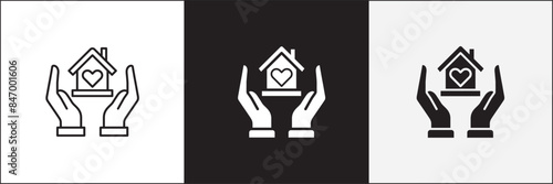 Donation icon. Charity icons. Hand with house symbol. Home donate icon. Vector stock icons collection in thin line and flat colors style design.