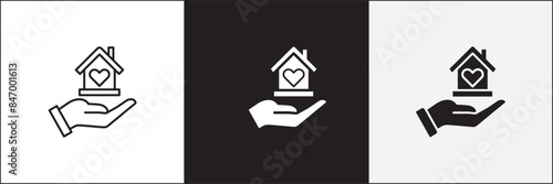 Donation icon. Charity icons. Hand with house symbol. Home donate icon. Vector stock icons collection in thin line and flat colors style design.