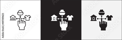 Donation icon. Charity icons. Food donation icon. Clothes and home aid symbol. Vector stock icons collection in thin line and flat colors style design.