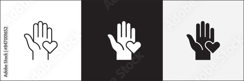 Donation icon. Charity icons. Hand and love heart symbol. Philanthropy icon. Vector stock icons collection in thin line and flat colors style design.