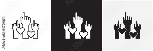 Donation icon. Charity icons. Hand and love heart symbol. Philanthropy icon. Vector stock icons collection in thin line and flat colors style design.