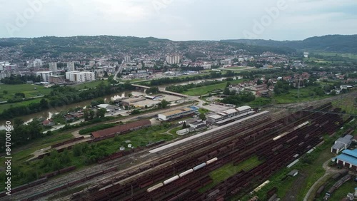 Drone shot of train station and freight yard of Doboj, Bosnia