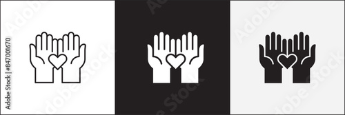 Donation icon. Charity icons. Hand and love heart symbol. Philanthropy icon. Vector stock icons collection in thin line and flat colors style design.