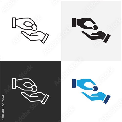Donation icon. Charity icons. Money donate icon. Funding and philanthropy symbol. Give money sign. Vector stock icons collection in thin line and flat colors style design.