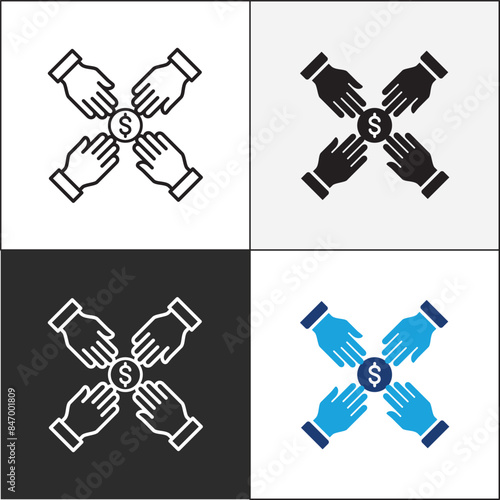 Donation icon. Charity icons. Money donate icon. Funding and philanthropy symbol. Give money sign. Vector stock icons collection in thin line and flat colors style design.