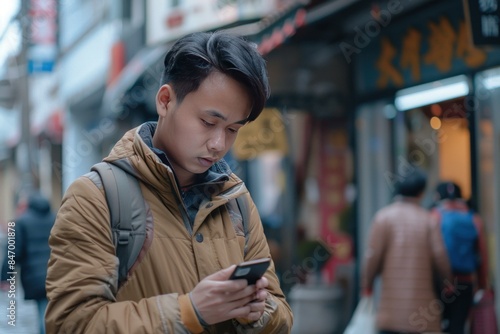 Asian man concentrates on his mobile phone while walking in a city street with shops in the background
