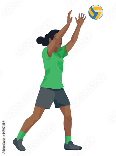 South African women's volleyball girl player in a green uniform who threw a ball with his arms raised high