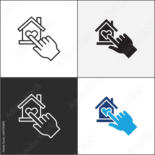 Donation icon. Charity icons. Hand with house symbol. Home donate icon. Vector stock icons collection in thin line and flat colors style design.