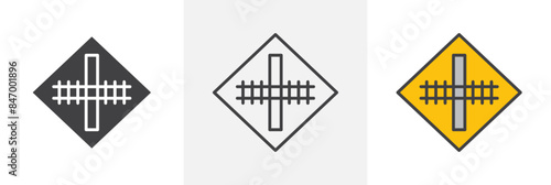 Railroad crossing sign set. Vector symbol for rail crossing. Roadside sign in black and yellow.