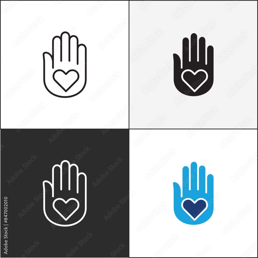 Obraz premium Donation icon. Charity icons. A hand with love heart symbol. Vector stock icons collection in thin line and flat colors style design.