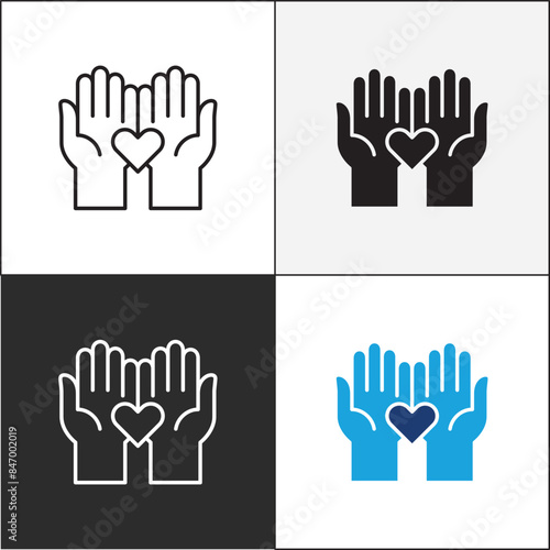 Donation icon. Charity icons. Two hand and love heart symbol. Vector stock icons collection in thin line and flat colors style design.