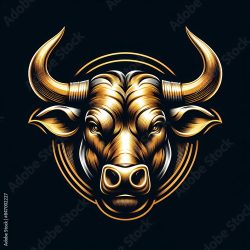 Gold and brass bull head emblem logo with stylish engraving isolated on black background.