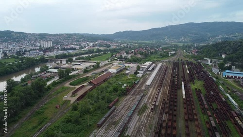 Drone shot of train station and freight yard of Doboj, Bosnia
