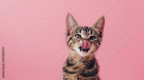 Funny kitten cat sticking tongue out licken screen Isolated on pink pastel background : Generative AI photo
