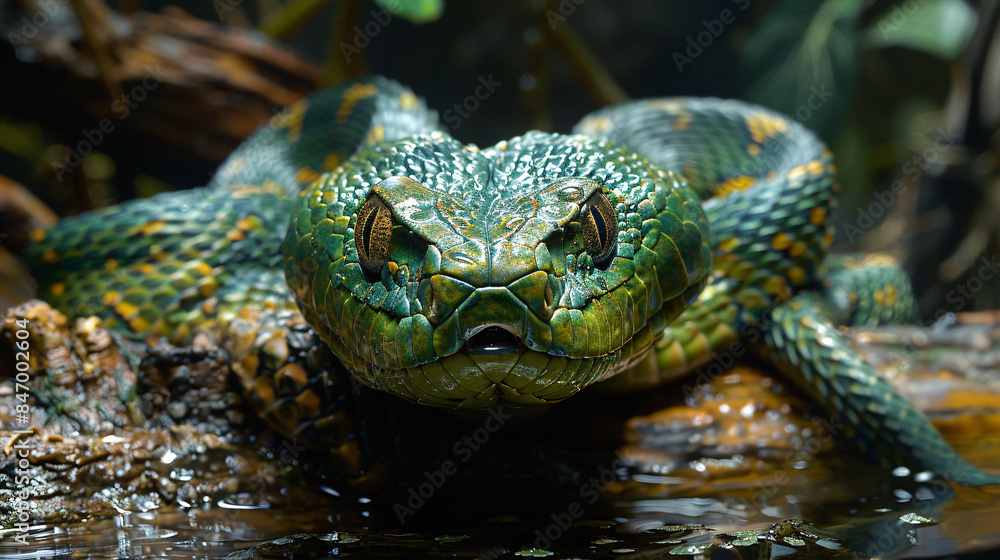 Obraz premium Green snake on a log