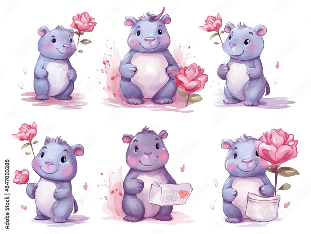 Naklejka premium Watercolor valentines day love hippo couple, hand drawn watercolor illustration for greeting card or invitation design