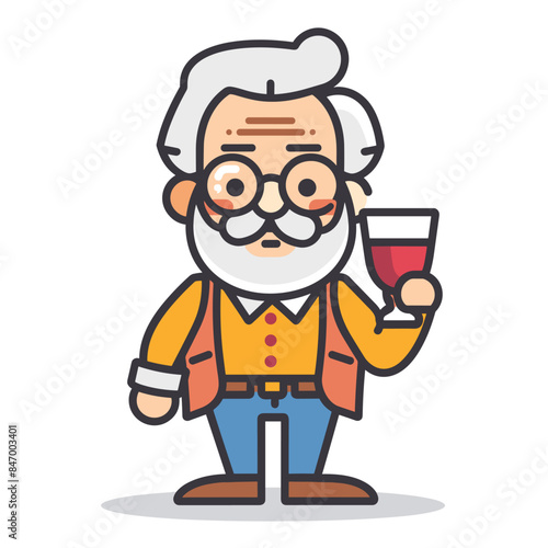 Elderly cartoon professor holding wine glass cheers gesture. Senior animated character white hair, mustache, glasses, vest, buttonup shirt. Friendly old man casual attire enjoying drink